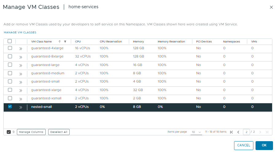 Associating the nested virtualization VM class with a namespace